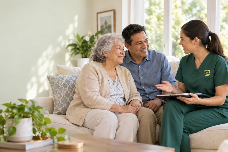 A nurse discussing home care with an older woman and her adult son